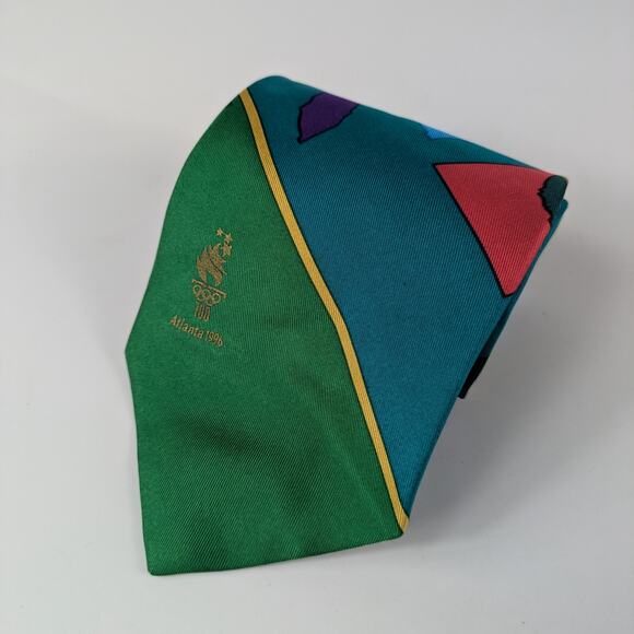 1996 Olympics Mens Necktie Silk Altanta GA Color Block Green Souvenir Official - Picture 1 of 11